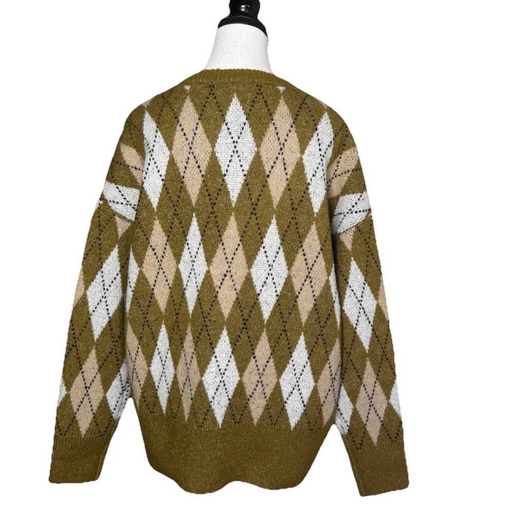 Anthropologie Maeve 3D Bow Argyle Crew Neck Sweater Small Green Brown Oversized - Picture 5 of 8